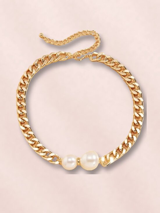Jewelry - Gold Plated Chunky Cuban Chain Choker with Big Faux Pearls, 14 in + 4 in NWT